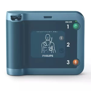 Philips HeartStart FRx automated external defibrillator with rugged design for emergency use.