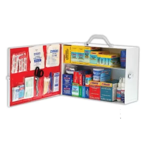 Fully stocked 2 shelf first aid kit for workplace emergency medical supplies