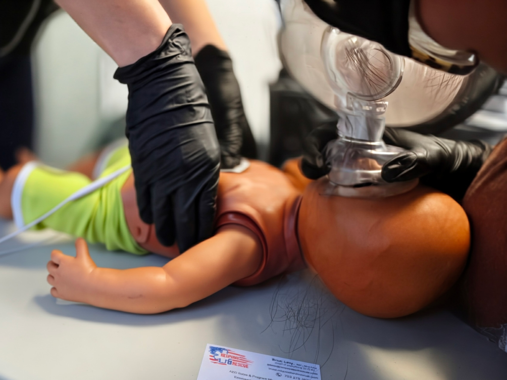 Infant CPR training demonstration in a BLS certification class for healthcare providers