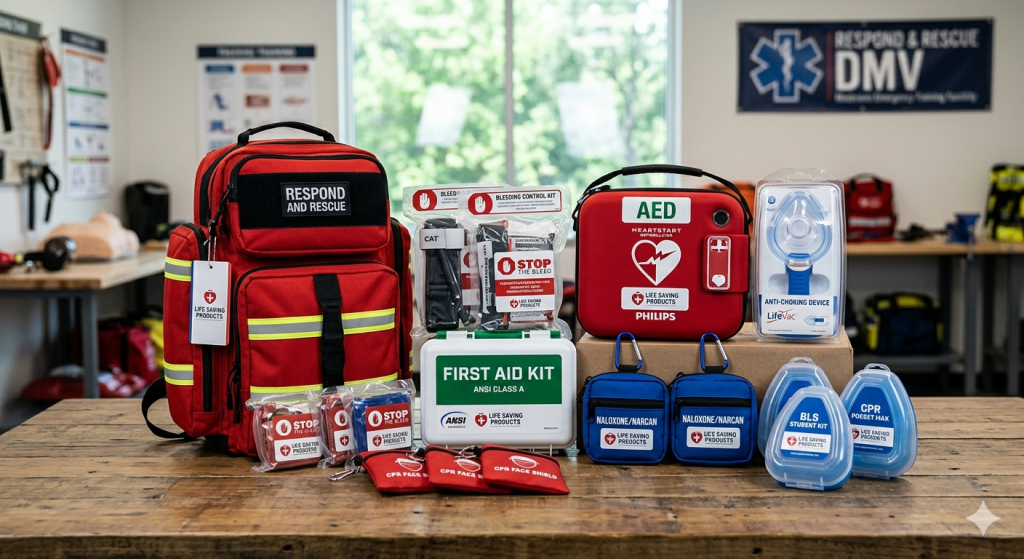 Comprehensive display of life saving products including AEDs, first aid kits, bleeding control trauma gear, and naloxone responder kits at Respond and Rescue.