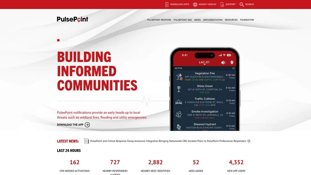 Screenshot of PulsePoint AED Registry Integration website
